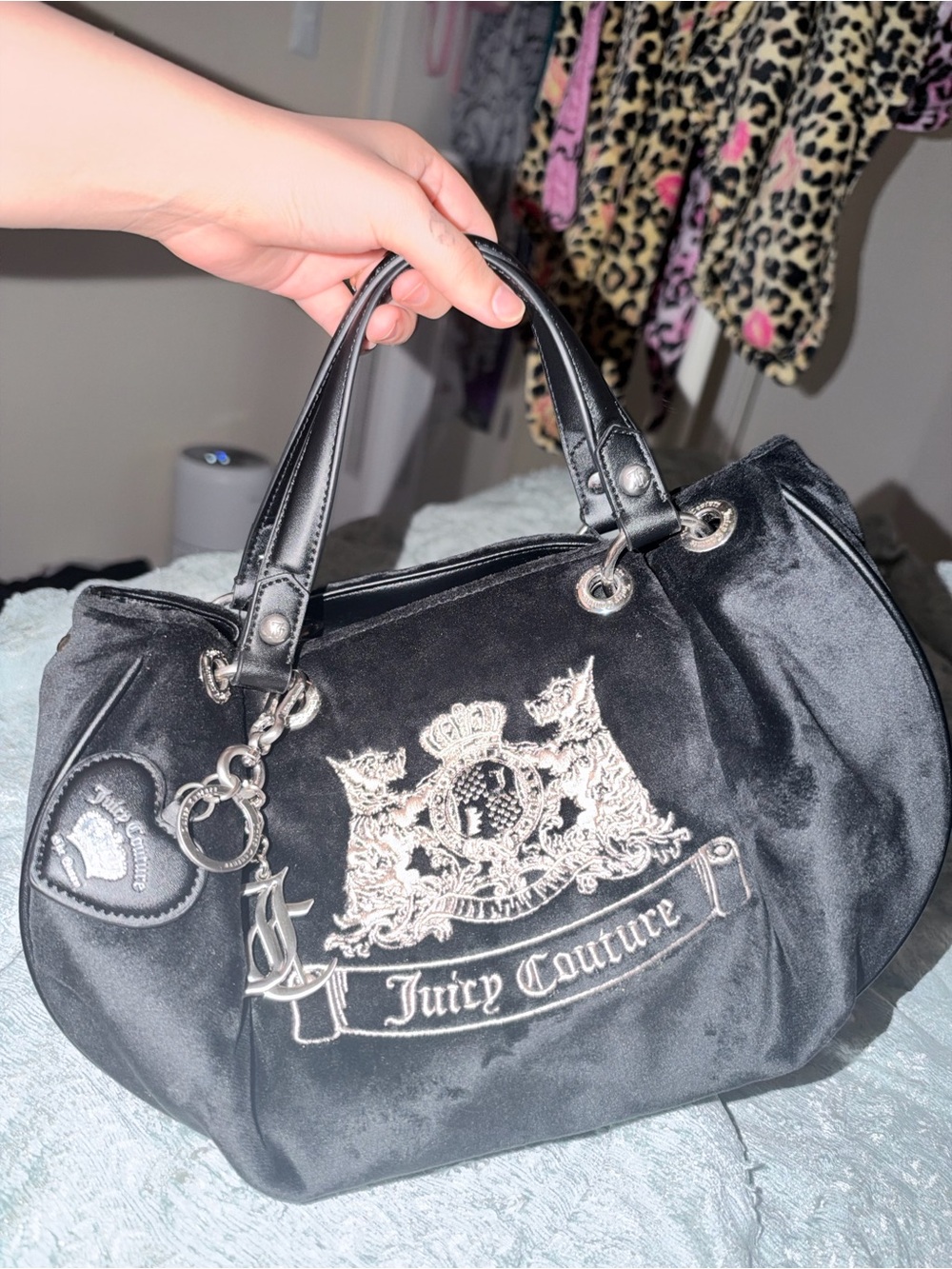 Juicy Couture Black Velvet Shoulder Bag with Embroidered Crest
